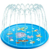 A blue inflatable sprinkler play mat with water spraying from various nozzles.
