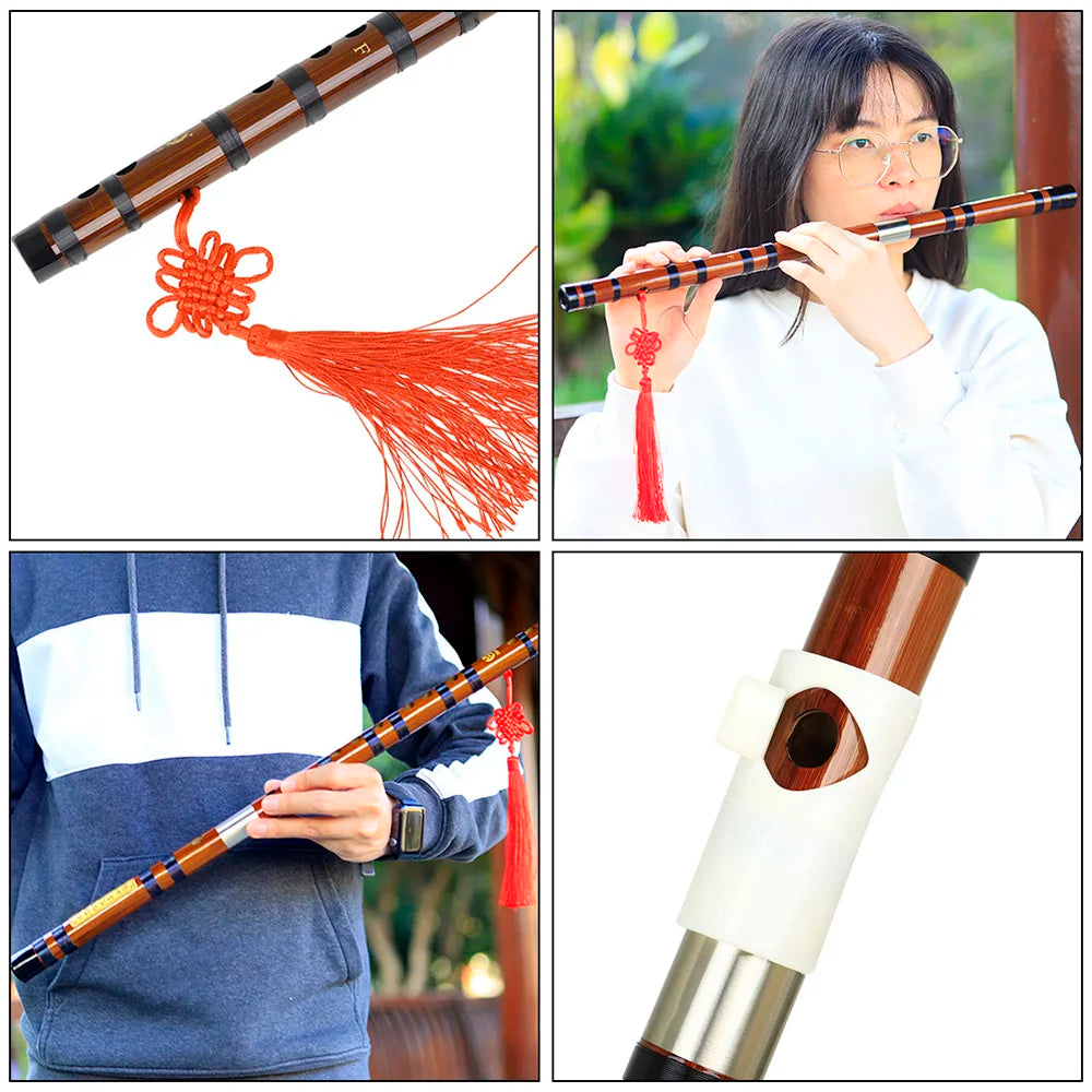 A traditional Chinese bamboo flute (dizi) with a brass joint, shown in various contexts including a close-up and a person pla