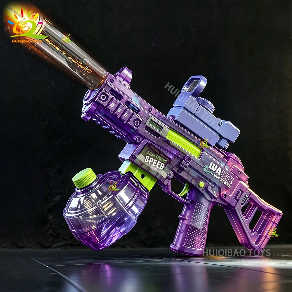 A purple automatic electric UMP45 water blaster rifle is shown against a dark background.