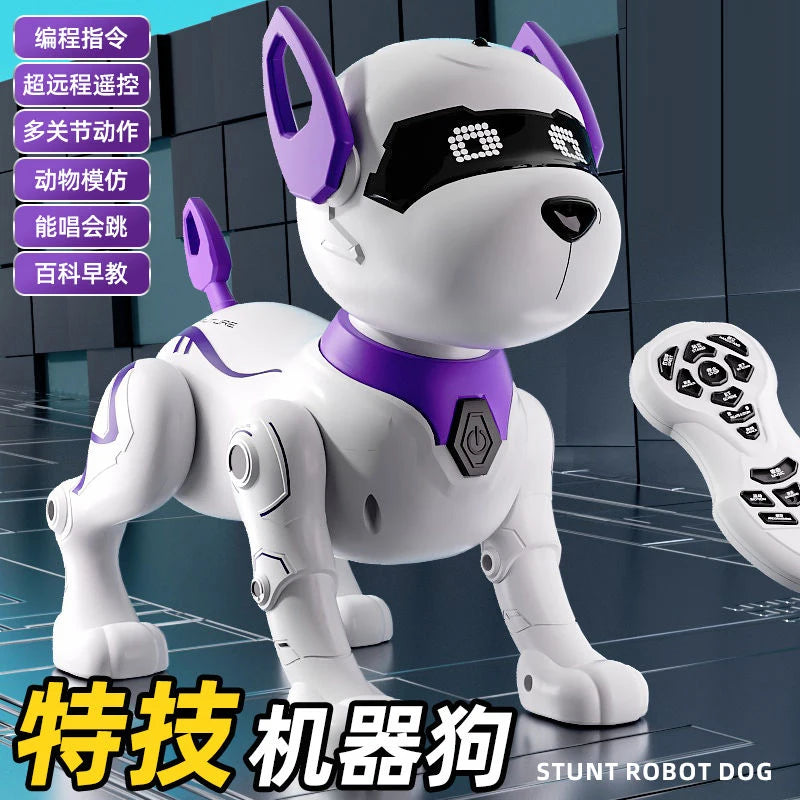 A white and purple interactive smart robot dog with large ears and a black mask is shown standing on a dark surface.