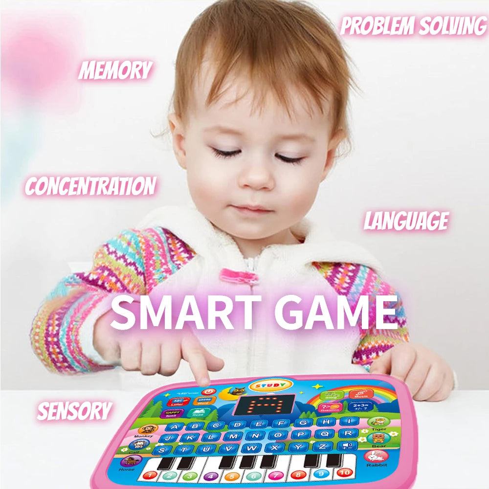 Un bébé interagit avec une tablette éducative colorée pour améliorer la mémoire, la concentration, la langue et les sens