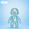 A translucent blue squishy baby stress relief toy with glittery skin is shown against a light blue background.