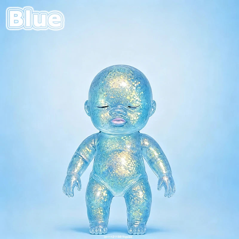 A translucent blue squishy baby stress relief toy with glittery skin is shown against a light blue background.