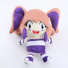 A soft collectible doll plush toy with pink hair and purple ears wearing a purple outfit.