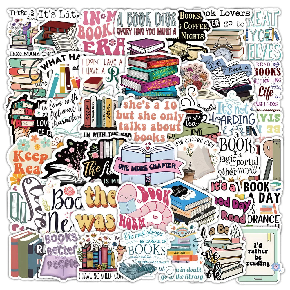 A collection of cartoon bookworm reading stickers featuring various literary themes and phrases.