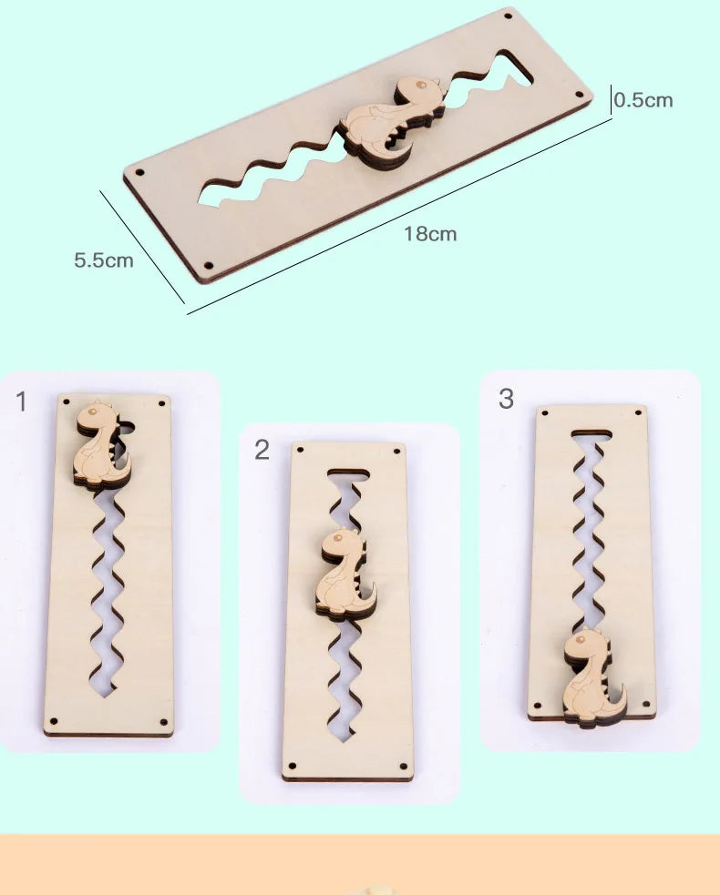 A wooden Montessori busy board featuring a carved elephant silhouette and a wavy cutout for sensory learning.
