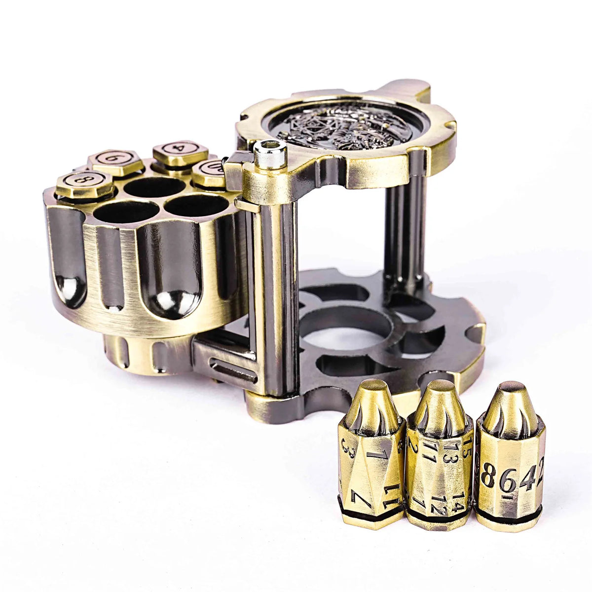 A set of revolver-shaped metal dice used for RPG games, featuring brass and dark metal components.