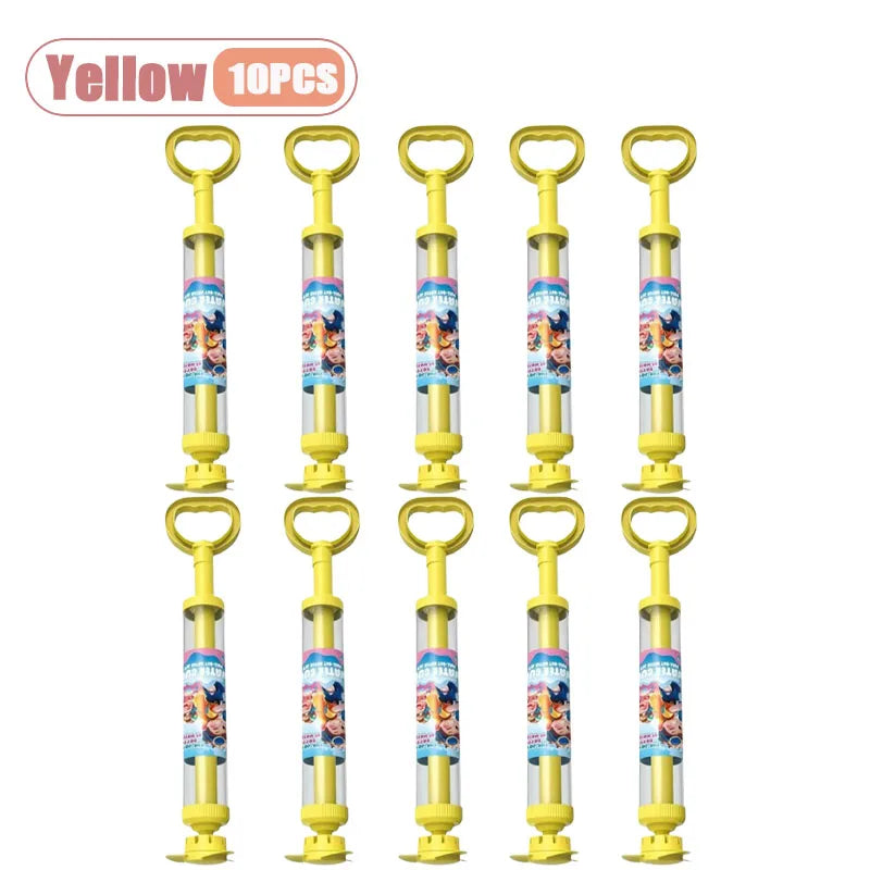 A set of ten yellow rotating firework water blaster toys for kids