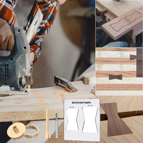 A set of butterfly inlay templates and a marking ruler for woodworking, showing wood pieces and tools.