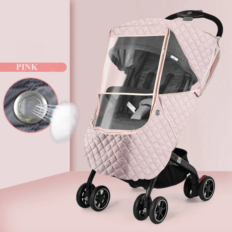 Pink universal waterproof winter stroller cover with a clear window and warm cotton lining
