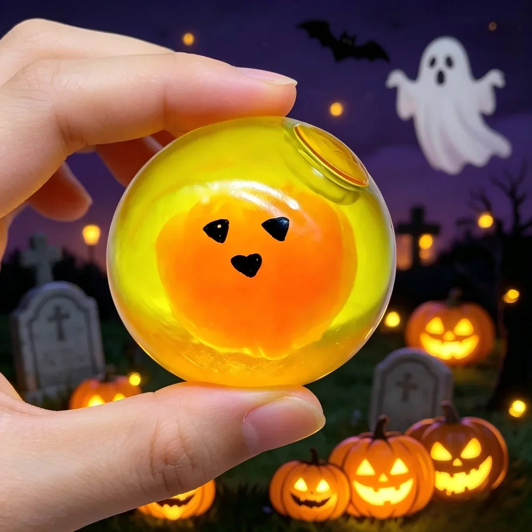 A hand holds a glowing yellow pumpkin head squishy stress relief toy against a dark Halloween background.