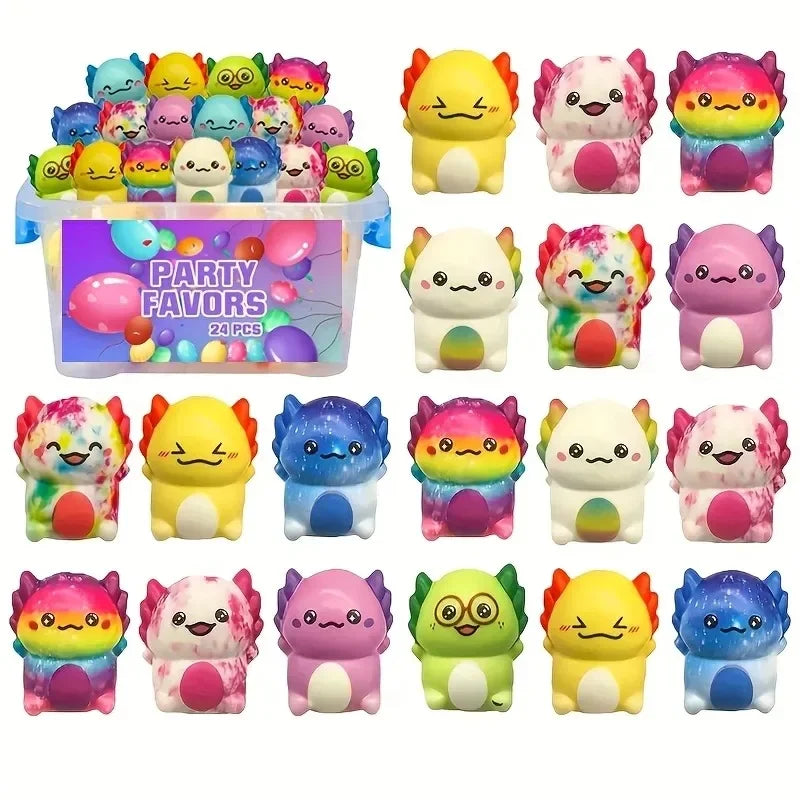 A collection of colorful cute squishy slow-rise stress relief toys featuring various kawaii newt figurines.