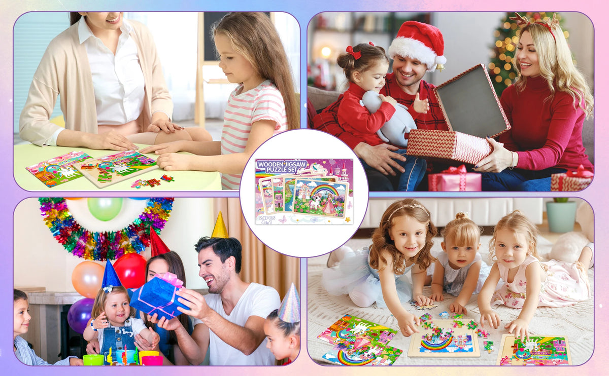 A set of four wooden jigsaw puzzles featuring unicorn and princess themes for toddlers.