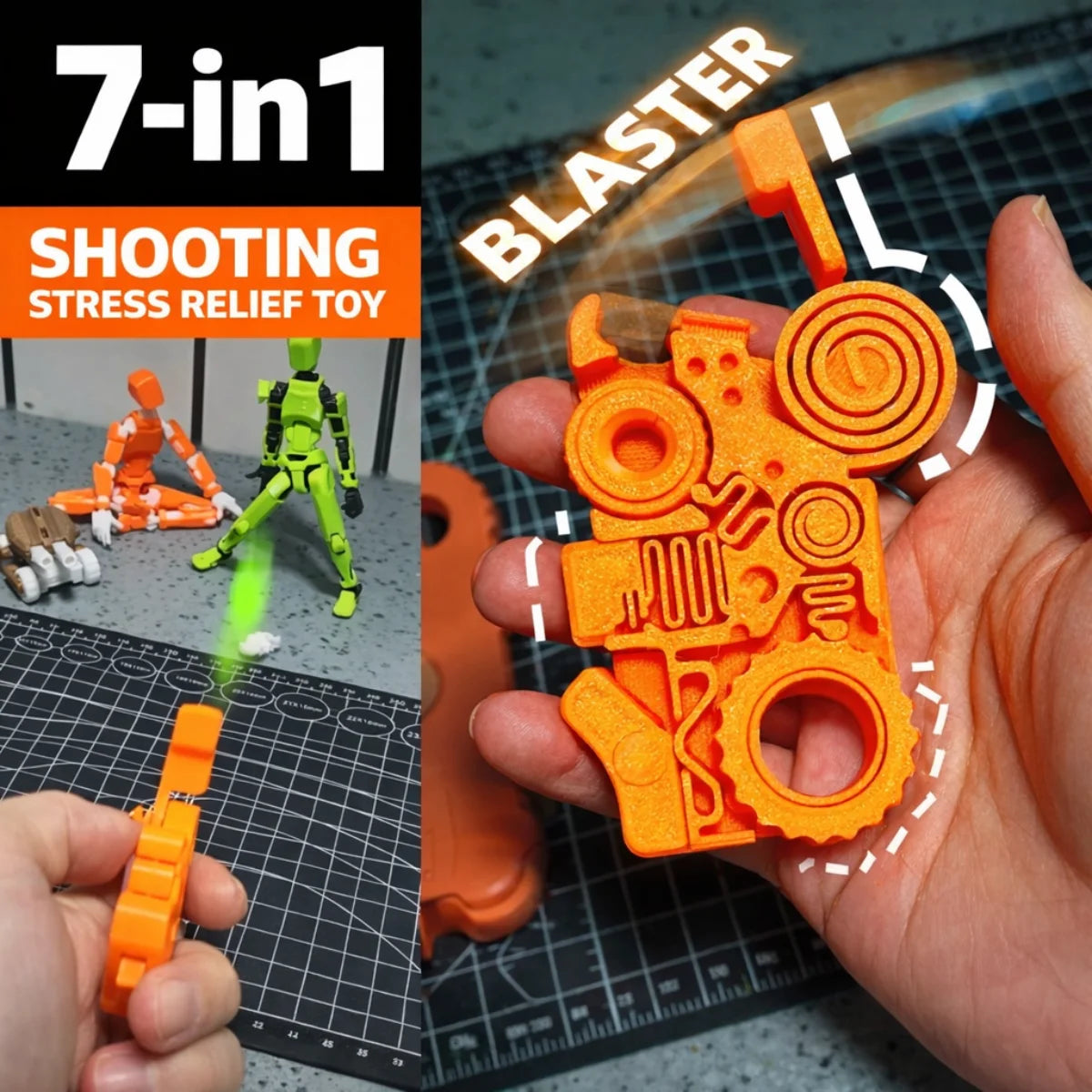 An orange 7-in-1 blaster toy is shown being held, with a green figure in the background, demonstrating a shooting stress reli