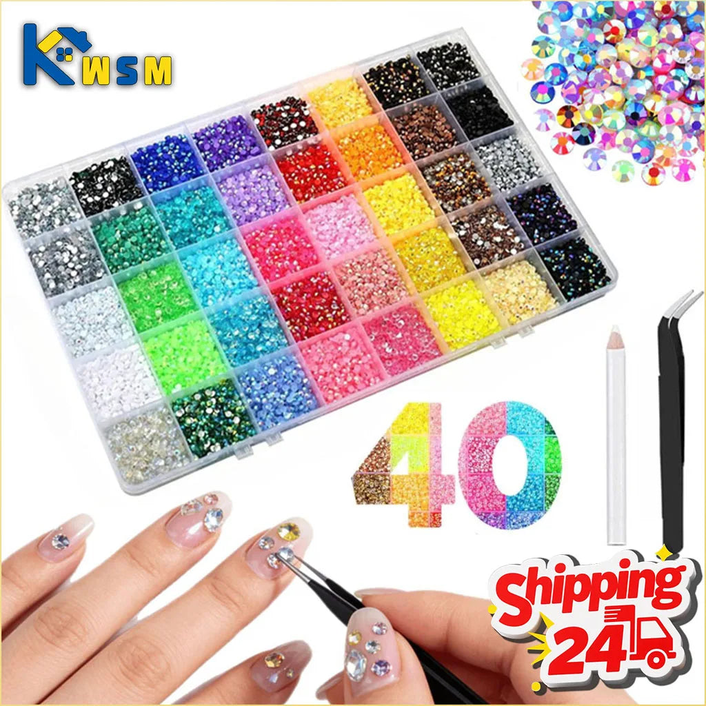 A flat back rhinestone gem set with 40 colors and tools for nail art and DIY crafts is displayed next to hands applying the g