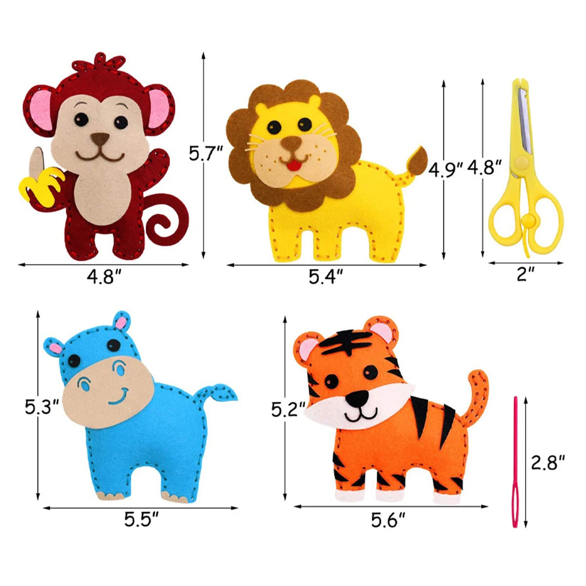 A felt sewing kit featuring woodland animals including a red squirrel, yellow lion, blue bear, and orange tiger.