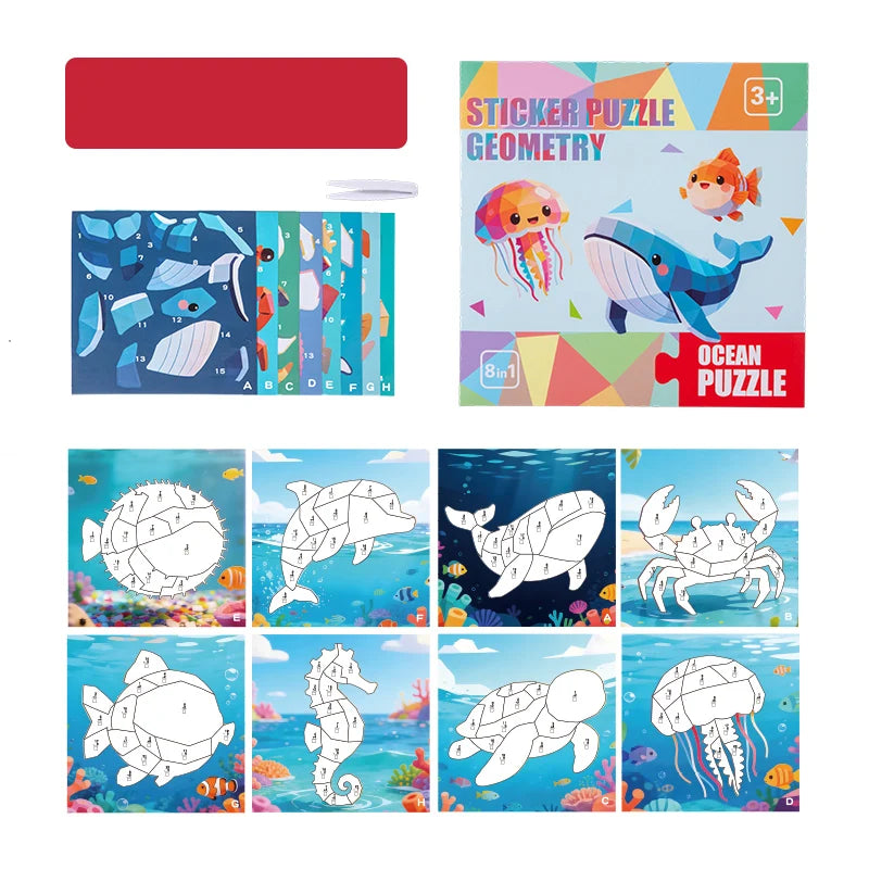 A set of sticker puzzles featuring six dinosaur and animal designs for kids.
