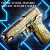 A close-up of a gold-colored pistol with aged day texture lacquer is displayed against a blue neon grid background.