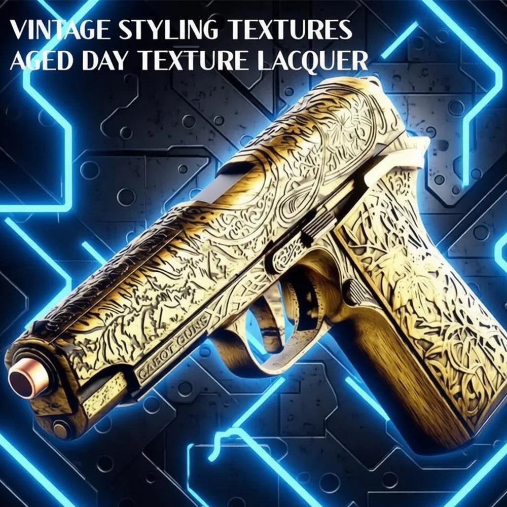 A close-up of a gold-colored pistol with aged day texture lacquer is displayed against a blue neon grid background.