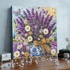 A vibrant painting featuring purple and white flowers and butterflies set in a wooden frame.