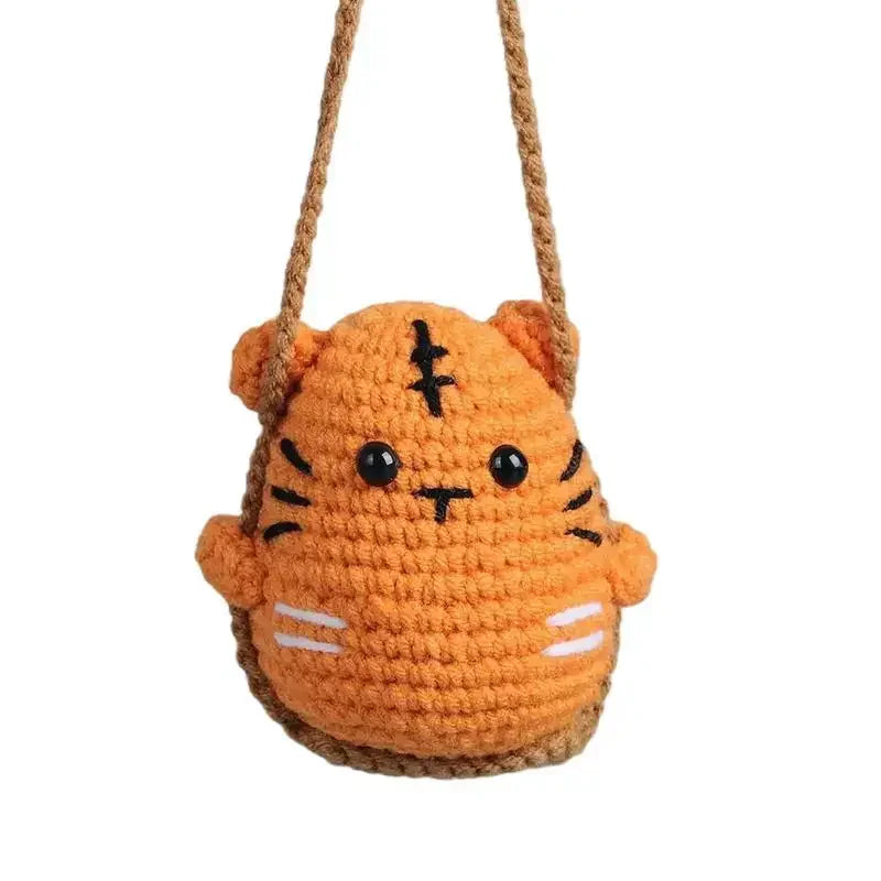 Handmade crochet orange tiger head with black stripes hanging ornament