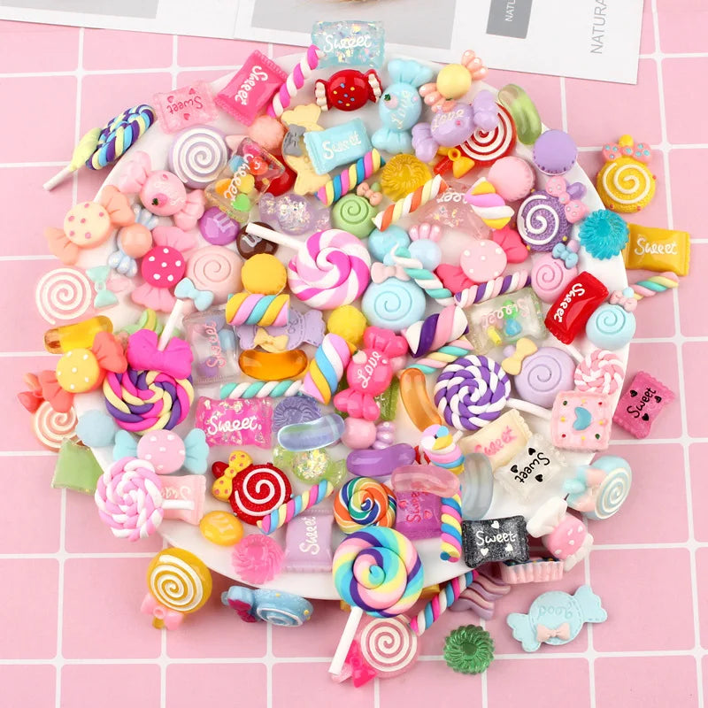 Assorted colorful candy resin flatbacks and small candies for DIY crafts and jewelry making
