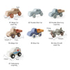 A collection of seven wooden and silicone toy cars in various colors and sizes for babies.