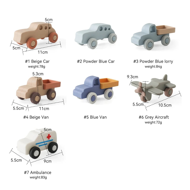 A collection of seven wooden and silicone toy cars in various colors and sizes for babies.