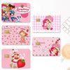 A set of four pink and white cartoon credit card stickers featuring Strawberry Shortcake characters.