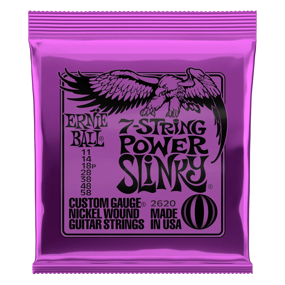 A purple foil package of Ernie Ball 7-String Power Slinky nickel wound guitar strings.