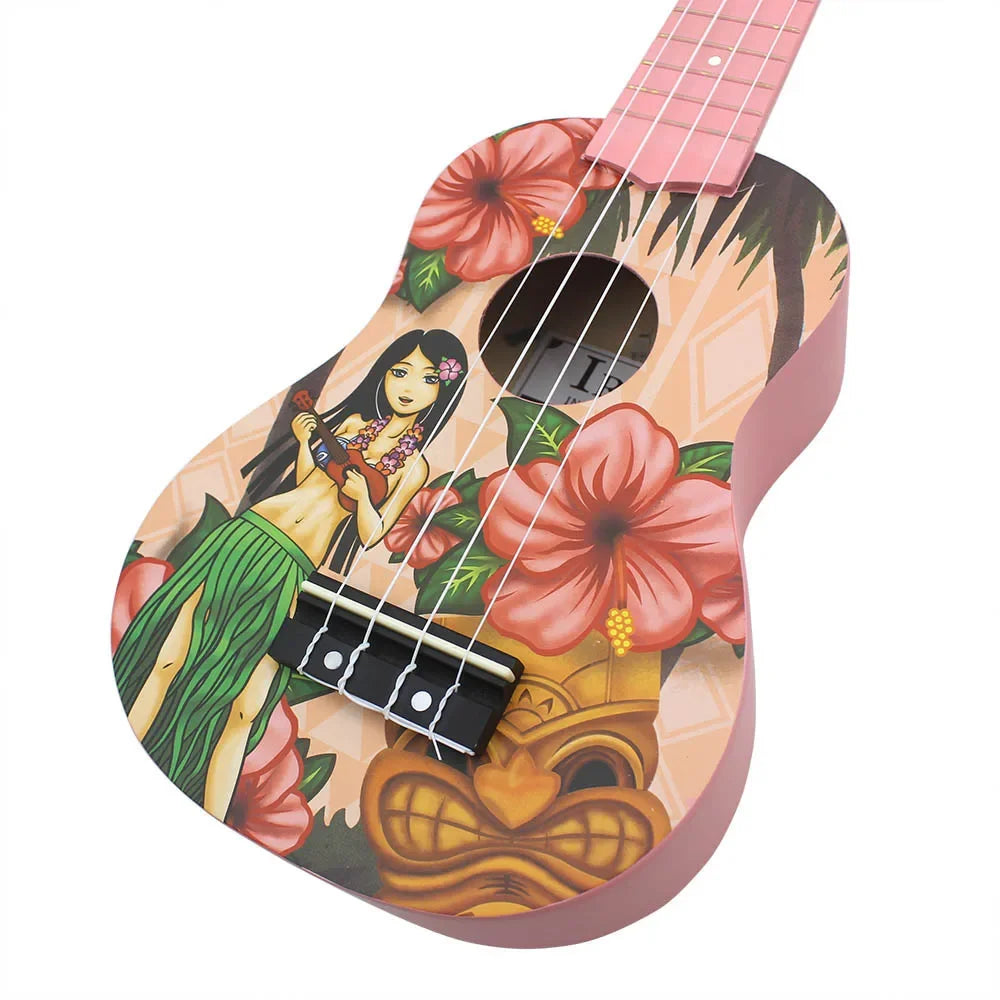A pink ukulele featuring a Hawaiian design with a woman playing the instrument surrounded by tropical flowers and palm leaves