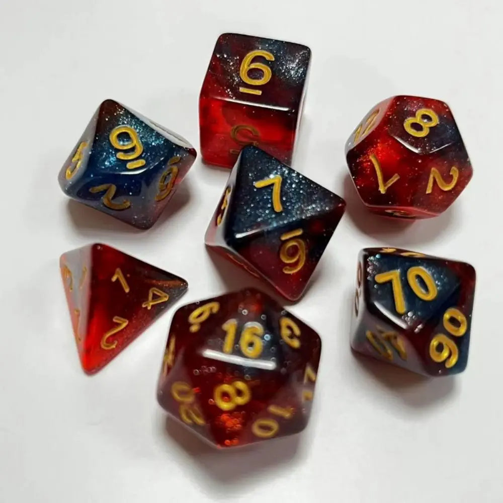 A collection of seven polyhedral acrylic dice in various colors and angles.