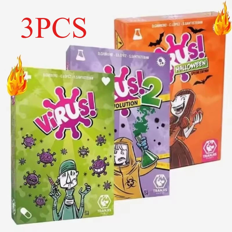 A set of three boxes for the Virus series card game including Evolution and Halloween expansions