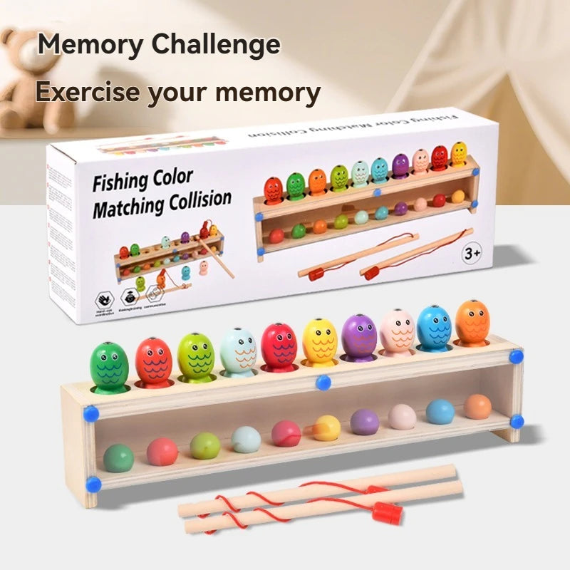 A box of fishing color matching toys with various colored fish and sticks for a memory challenge activity.