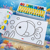 A box of colored pencils and an open coloring book page featuring a large outline of a fish for creative doodling.