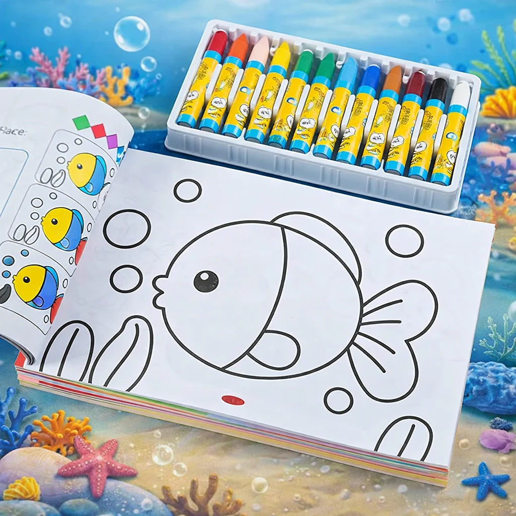 A box of colored pencils and an open coloring book page featuring a large outline of a fish for creative doodling.
