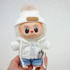 A plush doll wearing a white hoodie and blue pants with a moon-themed tag.