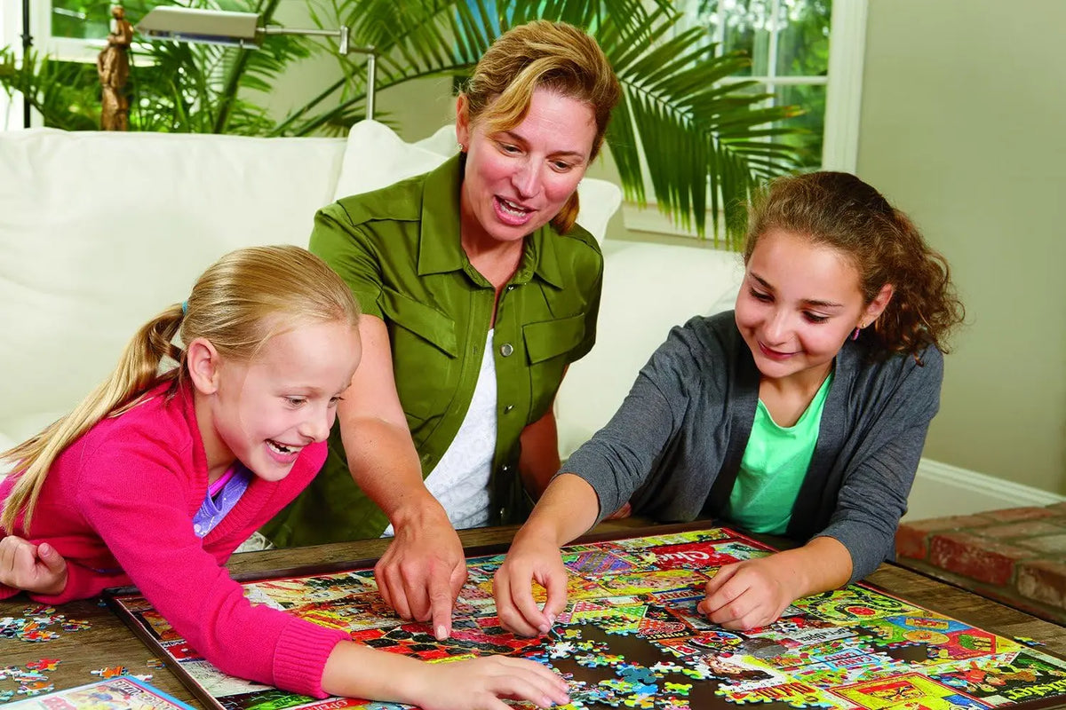 Two people are assembling a wooden big cat jigsaw puzzle on a table.
