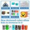 A set of magnetic building blocks in various colors and shapes for kids to use in STEM learning and creative play