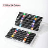 A set of 12 metallic and glitter dual brush tip markers in various colors packaged in clear plastic containers.