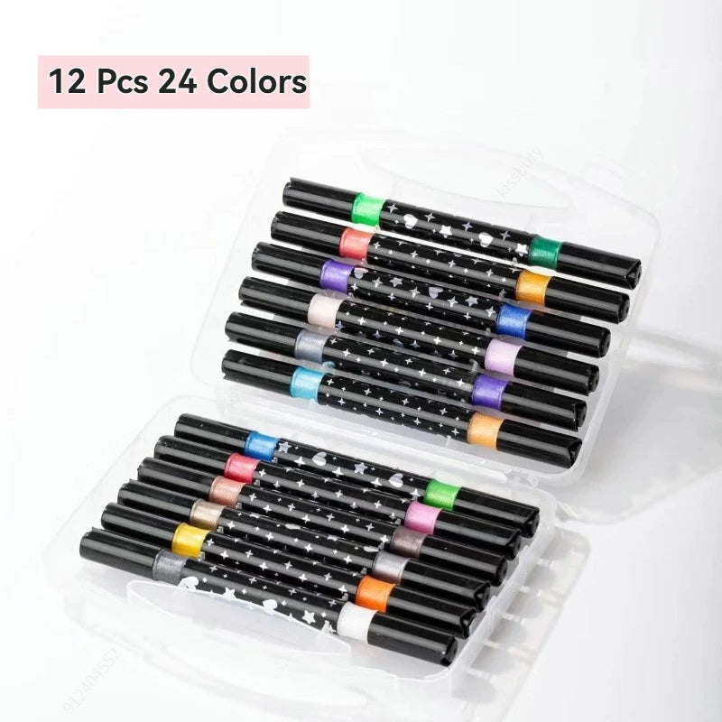 A set of 12 metallic and glitter dual brush tip markers in various colors packaged in clear plastic containers.