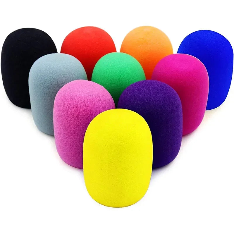 A multi-pack of colorful microphone windscreen foam covers in various shades including black, red, orange, green, purple, and