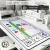 A white gaming mouse pad featuring various illustrated elements like battlefields, lands, and libraries.