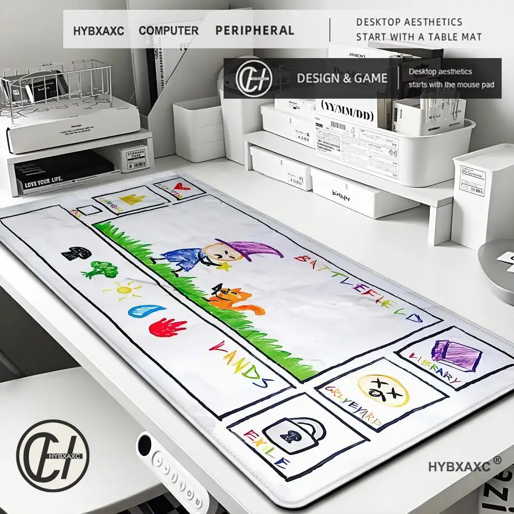 A white gaming mouse pad featuring various illustrated elements like battlefields, lands, and libraries.