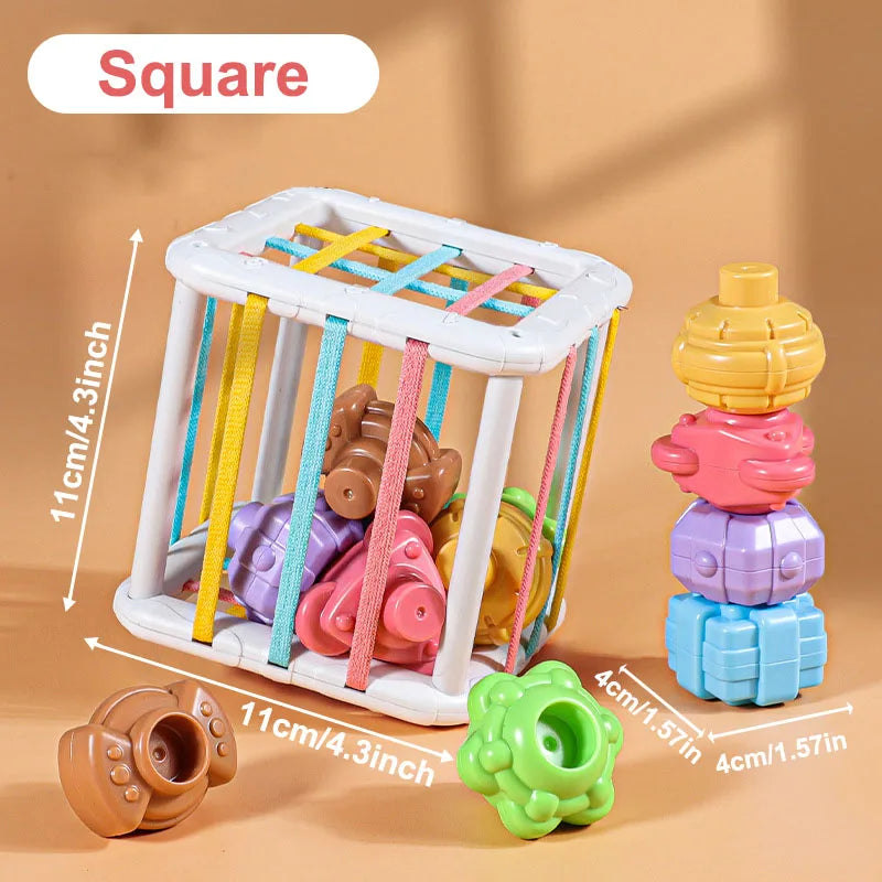 A white square toy organizer holds colorful wooden shapes and a green object for toddlers.