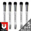 Five black pen markers with silver bodies and white tips for a magnetic dry-erase whiteboard set