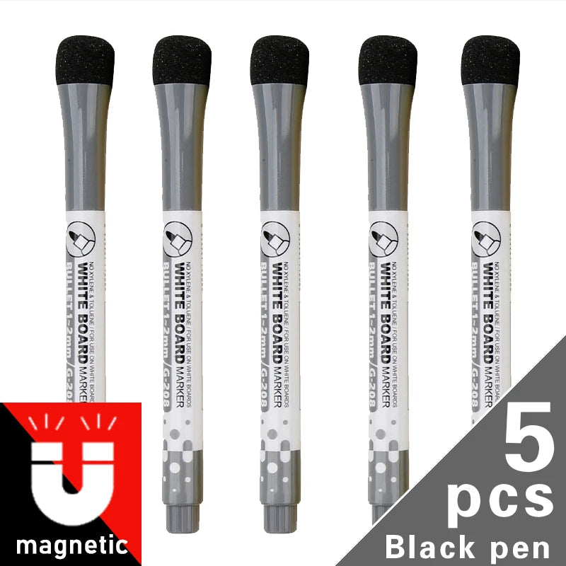Five black pen markers with silver bodies and white tips for a magnetic dry-erase whiteboard set