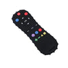 Black silicone remote control shaped baby teether with various colored buttons and a central ok button