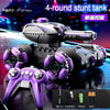 A purple and black RC stunt tank is shown with a controller and accessories on a dark surface.