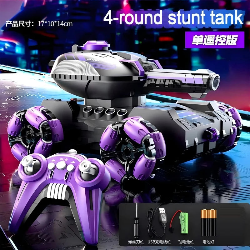 A purple and black RC stunt tank is shown with a controller and accessories on a dark surface.